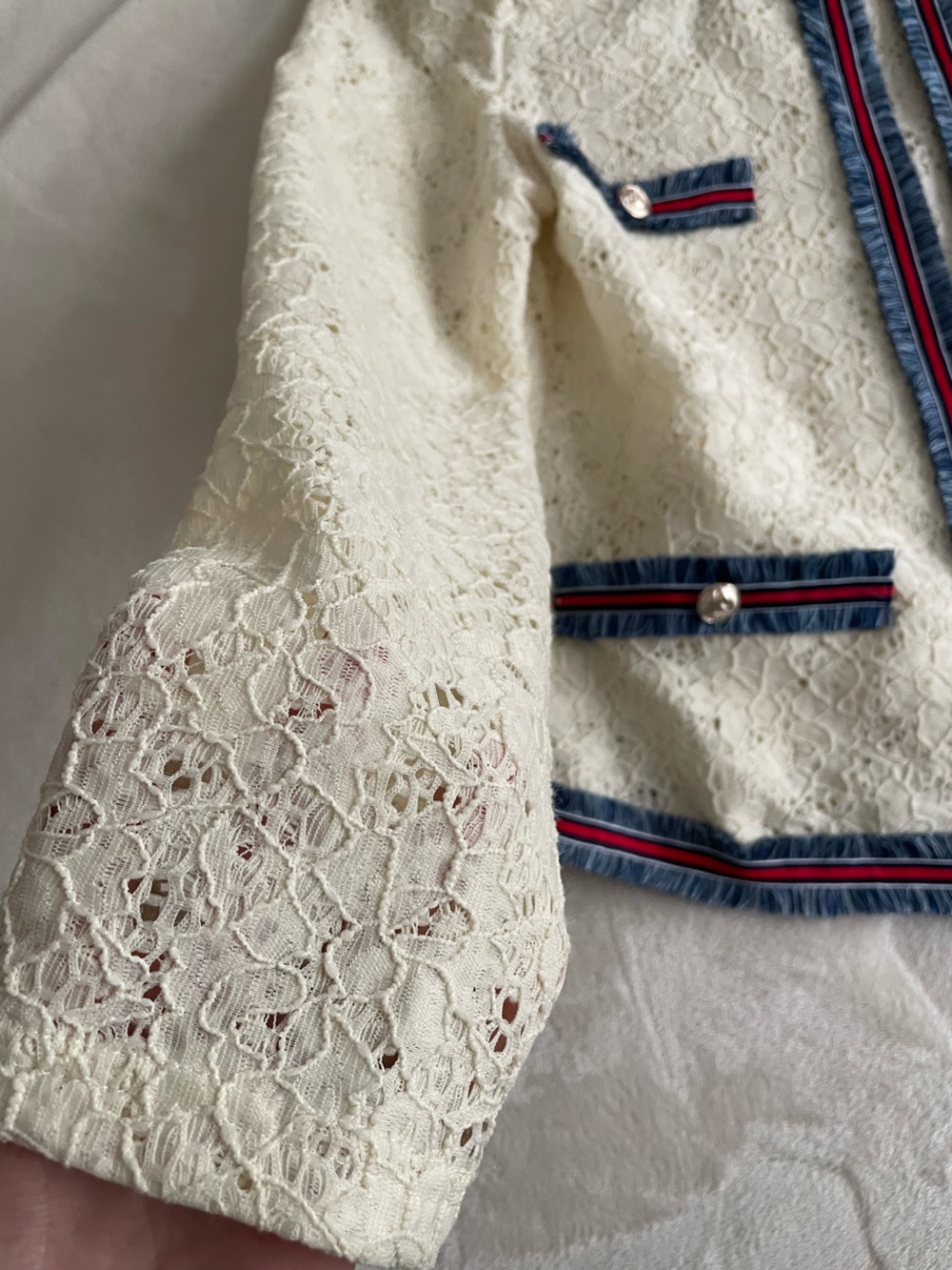 Gracia Cream Lace Tweed Jacket with Navy & Red Trim - Picture 5 of 9
